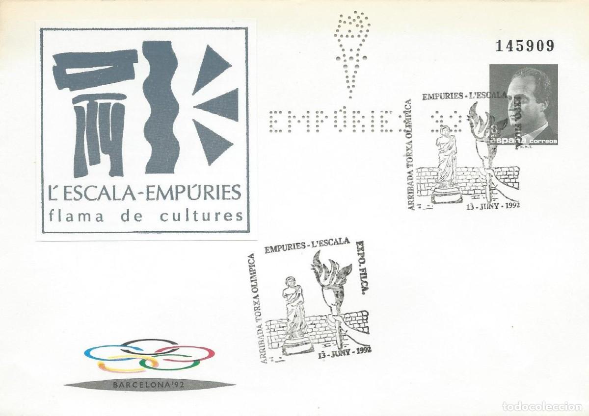 Sellos: 1992. FIGUERES. GIRONA. MATASELLOS/POSTMARK. ARRIBADA TORXA OL&Iacute;MPICA BARCELONA'92. DEPORTES/SPORTS.