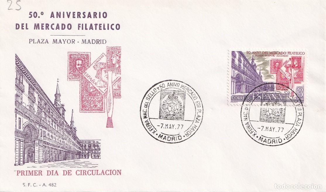 Sellos: SPD Madrid 1977 - 50&ordm; Aniversario del Mercado Filat&eacute;lico Plaza Mayor Madrid - Primer d&iacute;a - Matas.