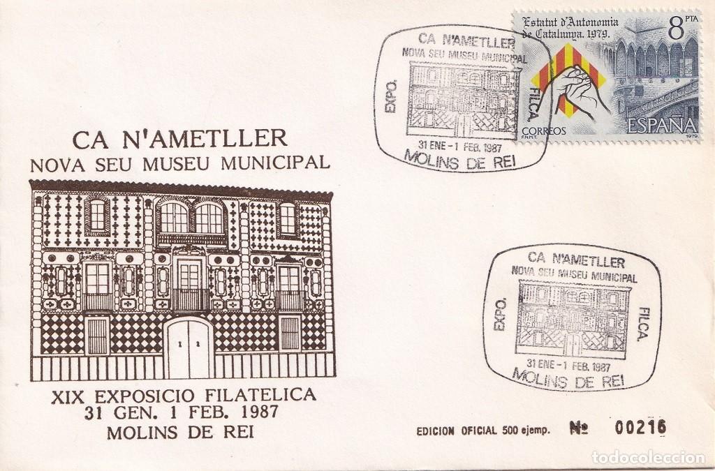 Sellos: Sobre Molins de Rei 1987 - Ca N' Ametller Nova seu Museu municipal - XIX Exposici&oacute; Filat&eacute;lica