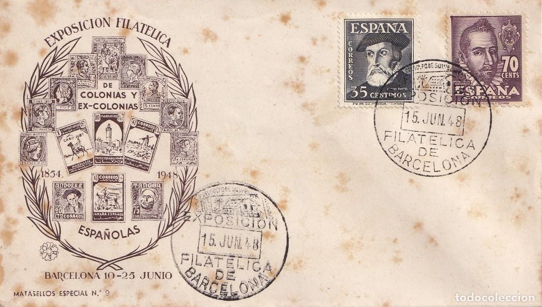 Sellos: Sobre Barcelona 1948 - Exposici&oacute;n filat&eacute;lica de Colonias y ex-colonias espa&ntilde;olas - Matasellos N&ordm; 9