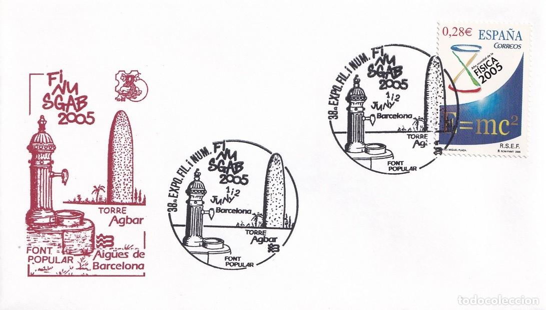 Sellos: Sobre Barcelona - Finusgab 2005 - Font popular - Torre Agbar - Aig&uuml;es de Barcelona - Exp Fil. i Num.