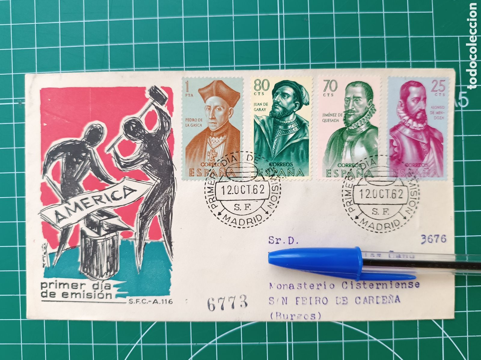 Sellos: (Circulado) 1962 Forjadores de Am&eacute;rica (12-Oct-62) SPD - Primer d&iacute;a - Edifil 1454 1455 1456 1457