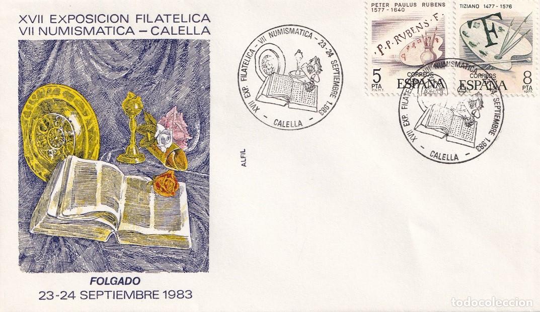 Sellos: Sobre en Alfil Calella 1983 - Folgado - XVII Exposici&oacute;n Filat&eacute;lica - VII Numism&aacute;tica - Matasellos
