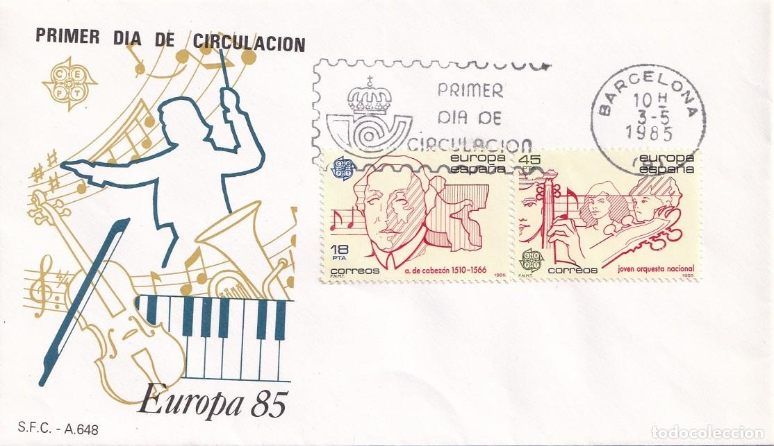 Sellos: SPD Barcelona 1985 - Emisi&oacute;n Europa 85 - A&ntilde;o Internacional de la M&uacute;sica - Antonio de Cabez&oacute;n - Joven