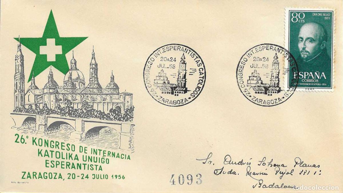 Francobolli: ESPERANTO 26 CONGRESO DE ESPERANTISTAS CATOLICOS ZARAGOZA 1956 RARO MATASELLOS SOBRE CIRCULADO ALFIL