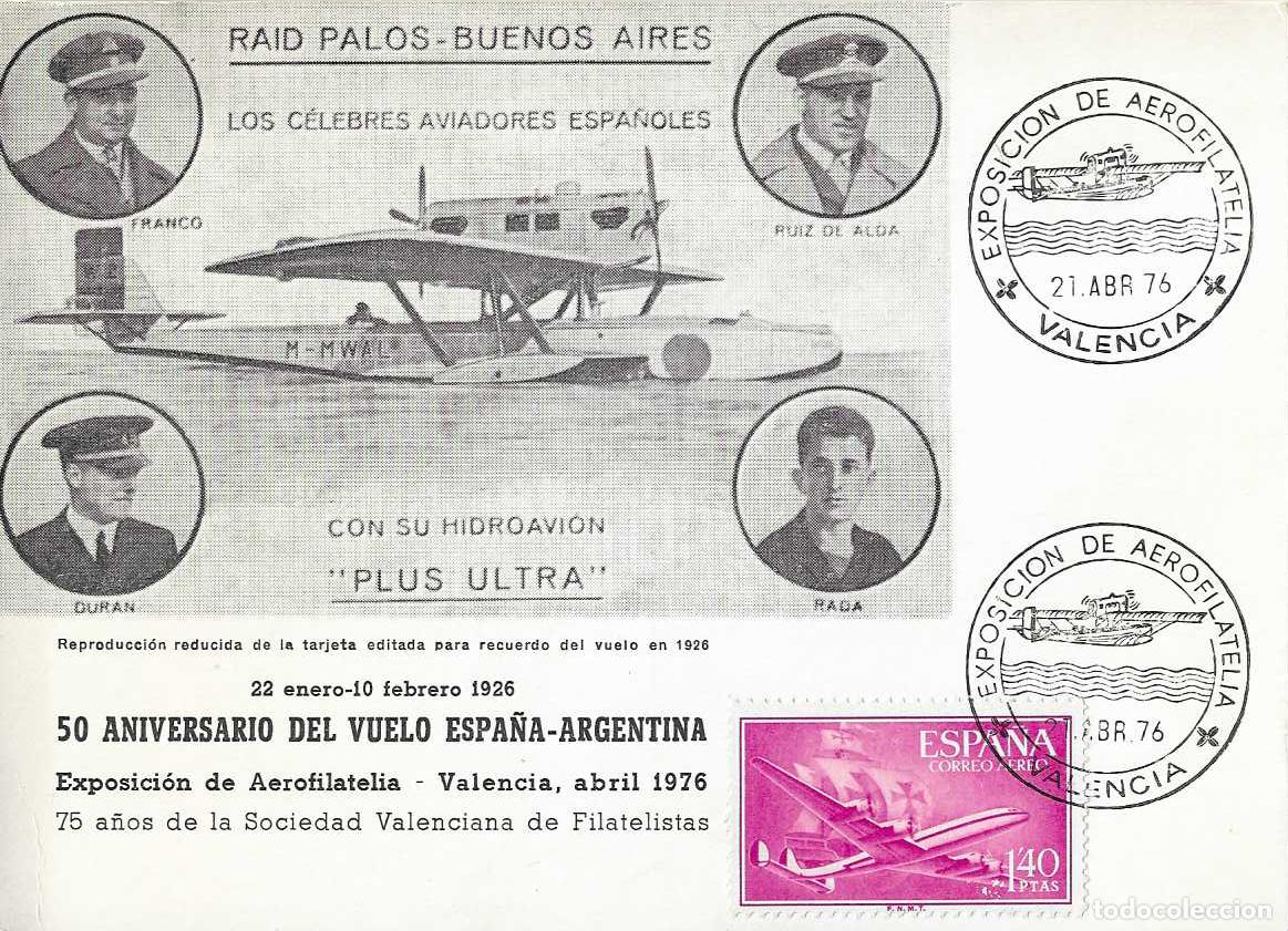 Sellos: HIDROAVION PLUS ULTRA VUELO ESPA&Ntilde;A-ARGENTINA 50 ANIVERSARIO TARJETA AEROFILATELIA VALENCIA 1976 RARO