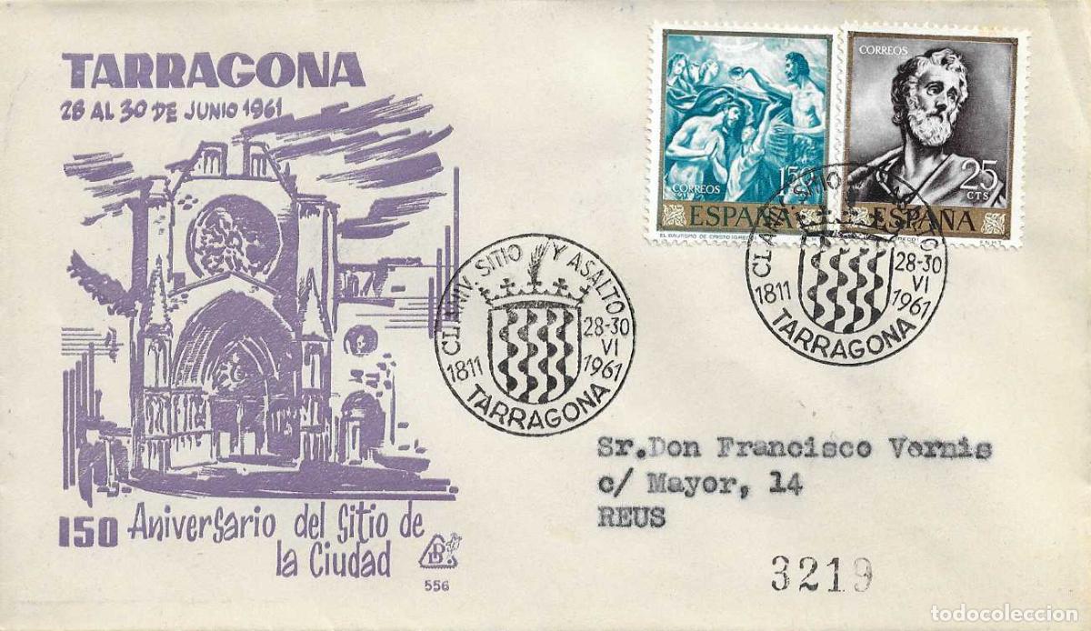 Sellos: GUERRA DE LA INDEPENDENCIA CL 150 ANIVERSARIO SITIO TARRAGONA 1961 MATASELLOS SOBRE CIRCULADO DP RWR