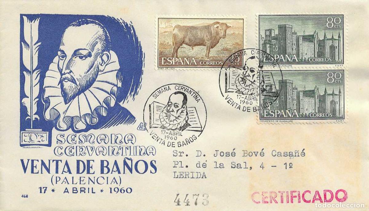 Sellos: DON QUIJOTE CERVANTES SEMANA CERVANTINA, VENTA DE BA&Ntilde;OS (PALENCIA) 1960 MATASELLOS SOBRE DP RARO RWR
