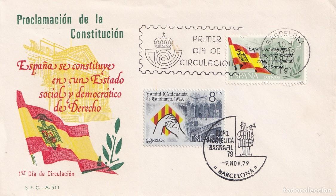 Sellos: SPD Barcelona 1979 - Proclamaci&oacute;n de la Constituci&oacute;n - Exposici&oacute;n Filat&eacute;lica Barnafil 79 Primer d&iacute;a