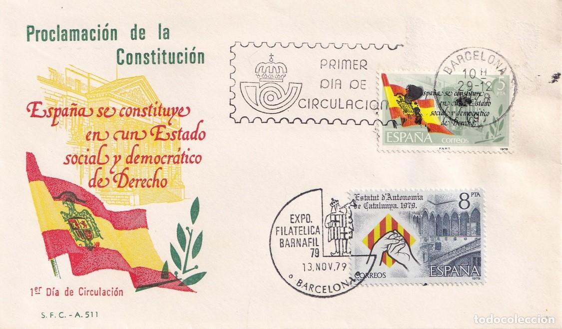 Sellos: SPD Barcelona 1979 - Proclamaci&oacute;n de la Constituci&oacute;n - Exposici&oacute;n Filat&eacute;lica Barnafil 79 Primer d&iacute;a