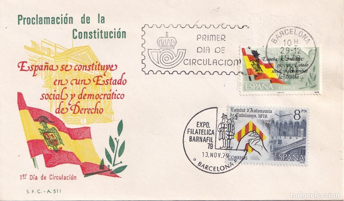 Sellos: SPD Barcelona 1979 - Proclamaci&oacute;n de la Constituci&oacute;n - Exposici&oacute;n Filat&eacute;lica Barnafil 79 Primer d&iacute;a