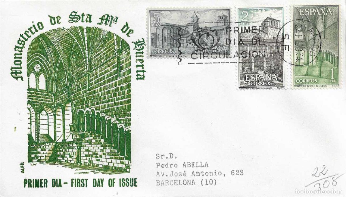 Sellos: MONASTERIO SANTA MARIA DE HUERTA SORIA 1964 (EDIFIL 1563/65) SOBRE PRIMER DIA CIRCULADO ALFIL RARO