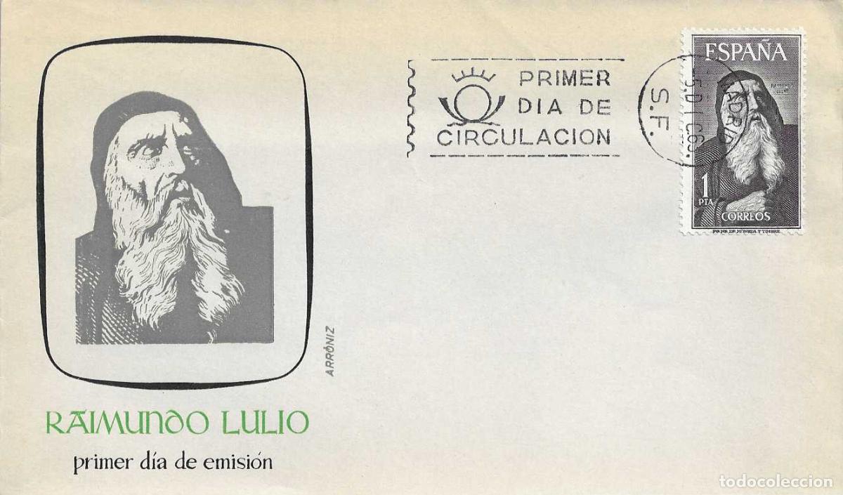 Sellos: RAMON LLULL RAIMUNDO LULIO PERSONAJES ESPA&Ntilde;OLES 1963 (EDIFIL 1536) EN SOBRE PRIMER DIA ARRONIZ XZX