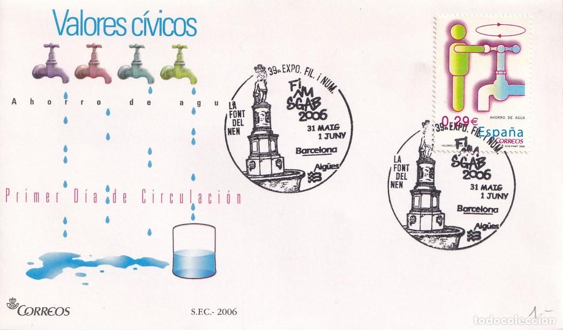 Sellos: SPD Barcelona 2006 - Valores c&iacute;vicos - Ahorro agua - Finusgab - La font del nen - 39 Expo. fil i num