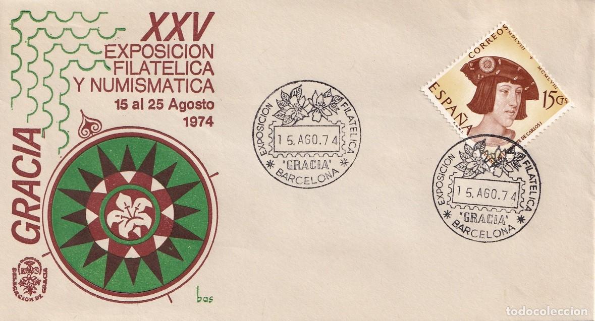 Sellos: Sobre Barcelona 1974 Gracia - XXV Exposici&oacute;n filat&eacute;lica y numism&aacute;tica - Matasellos especiales