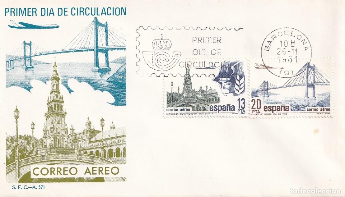 Sellos: SPD Barcelona 1981 - Correo a&eacute;reo - Plaza de Espa&ntilde;a en Sevilla - Puente de Rande en Vigo - 1er d&iacute;a