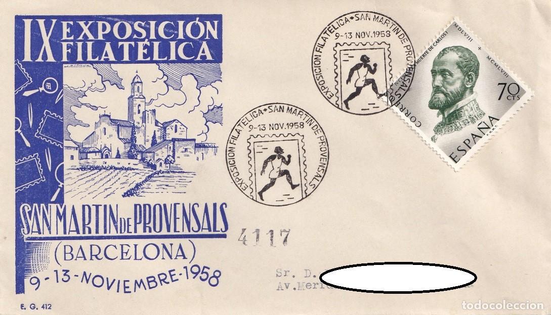 Sellos: Sobre San Mart&iacute;n de Provensals 1958 (Barcelona) - IX Exposici&oacute;n filat&eacute;lica - Matasellos especiales