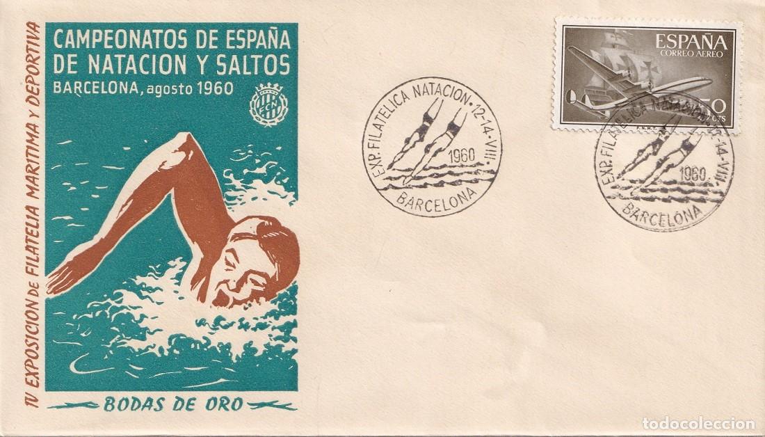 Sellos: Sobre Barcelona 1960 - Campeonatos de Espa&ntilde;a de nataci&oacute;n y saltos - Bodas de oro - IV Exposici&oacute;n