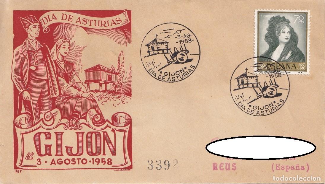 Sellos: Sobre Gij&oacute;n 1958 - D&iacute;a de Asturias - Matasellos especiales - Circulado a Reus