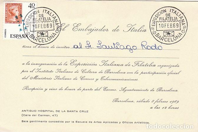 Sellos: A&Ntilde;O 1969, BARCELONA, exposici&oacute;n italiana de filatelia en invitaci&oacute;n a la inauguraci&oacute;n