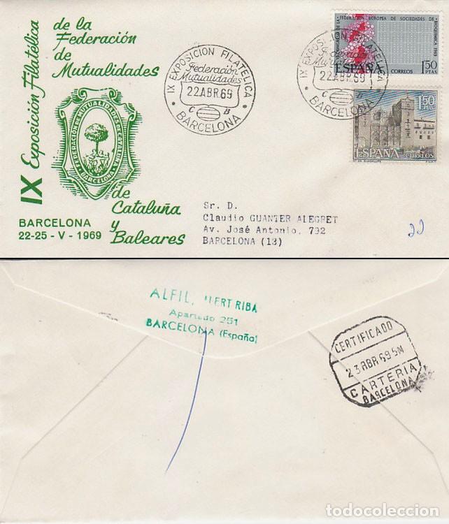 Sellos: A&Ntilde;O 1969, FEDERACION DE MUTUALIDADES DE CATALU&Ntilde;A Y BALEARES, en sobre de Alfil circulado