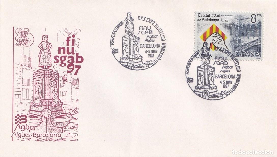 Sellos: Sobre Finusgab 97 Barcelona 1997 - XXX Exposici&oacute; Filat&egrave;lica-Numism&agrave;tica - Font de La Maja - Agbar