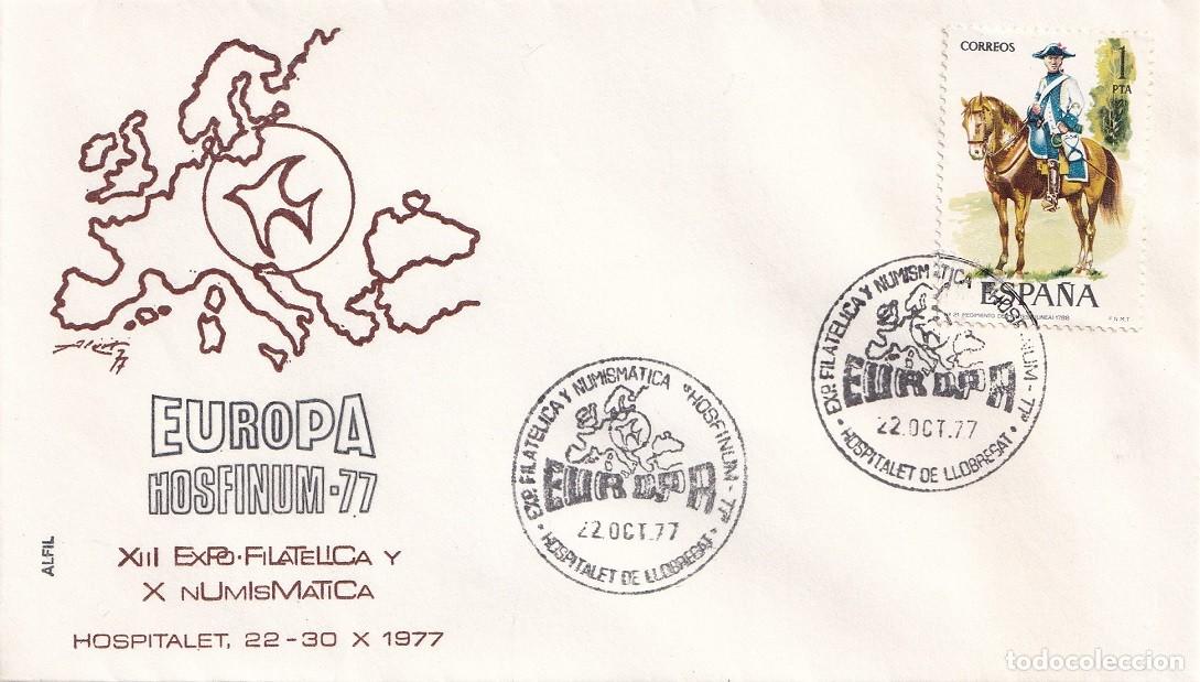 Sellos: Sobre Alfil Hospitalet de Llobregat 1977 - Europa Hosfinum 77 - XIII Expo filat&eacute;lica y X Numism&aacute;tica