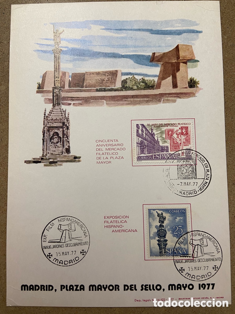 Sellos: TARJETA RECUERDO DOBLE MATASELLOS. COLON Y EL DESCUBRIMIENTO. 1977