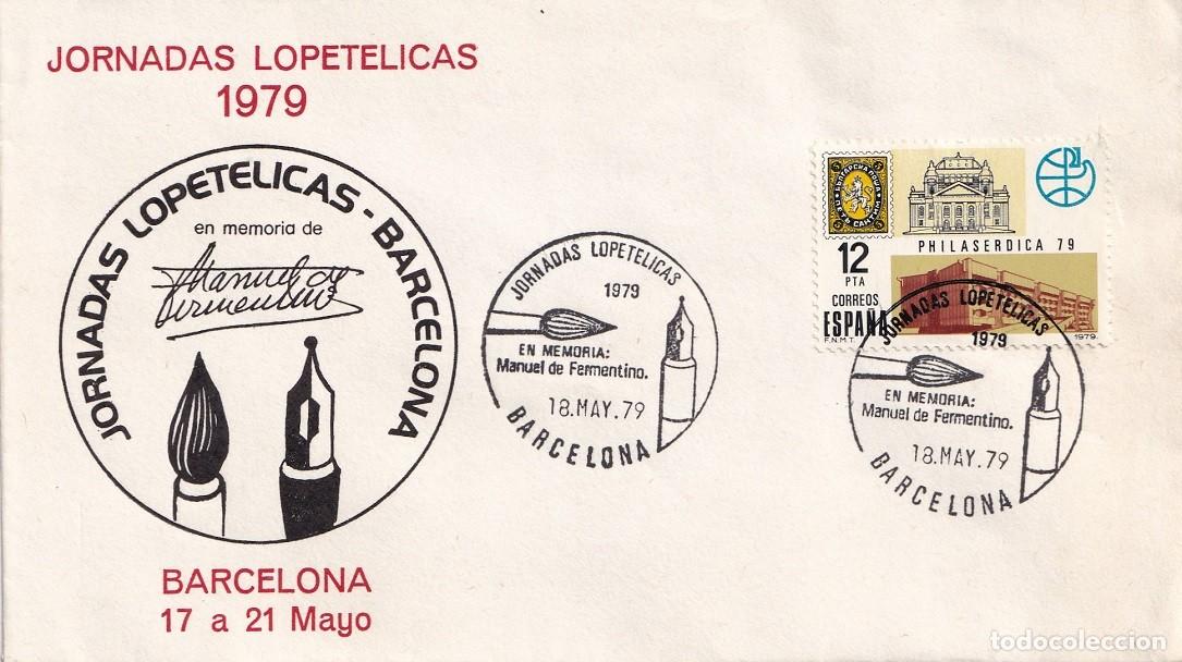 Sellos: Sobre Barcelona 1979 - En memoria de Manuel de Fermentino - Jornadas Lopet&eacute;licas - Matasellos