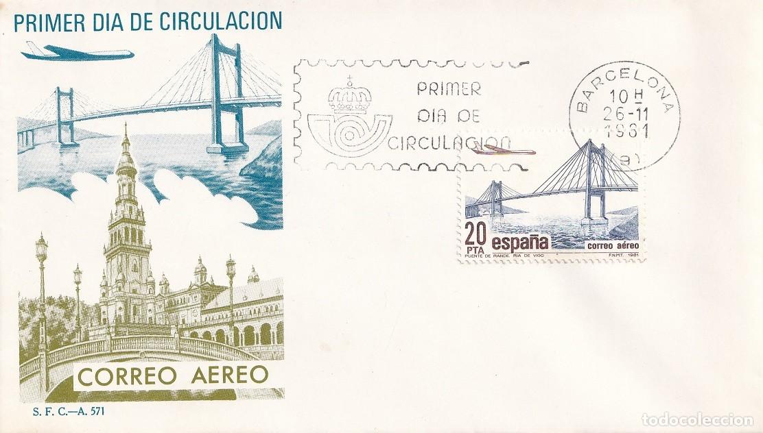 Sellos: SPD Barcelona 1981 - Correo a&eacute;reo - Plaza de Espa&ntilde;a en Sevilla - Puente de Rande en Vigo - 1er d&iacute;a