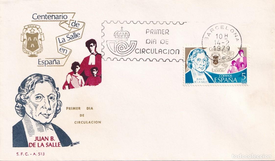 Sellos: SPD Barcelona 1979 - Centenario de La Salle en Espa&ntilde;a - Juan B. de La Salle - Primer d&iacute;a circulaci&oacute;n