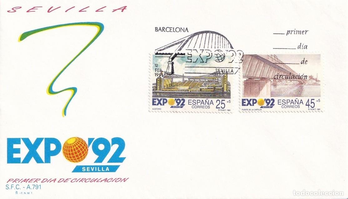 Briefmarken: SPD Barcelona 1991 - Expo 92 - Auditorio - Fuente de la Cartuja - Sevilla 1992 - Primer d&iacute;a