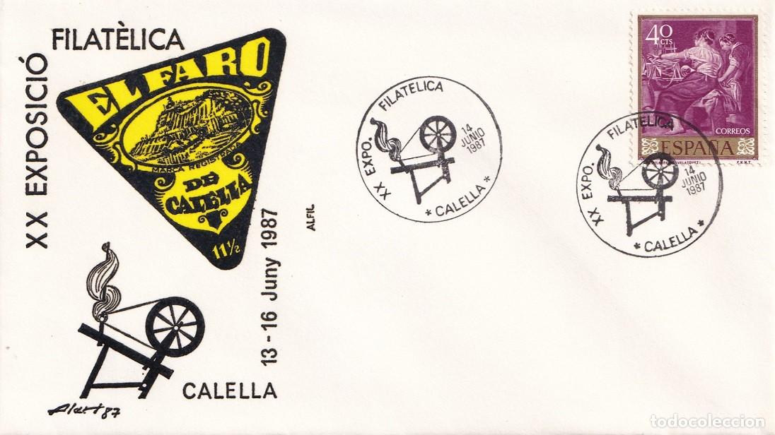 Sellos: Sobre en Alfil Calella 1987 - XX Exposici&oacute; filat&egrave;lica - El Faro de Calella - Matasellos especiales