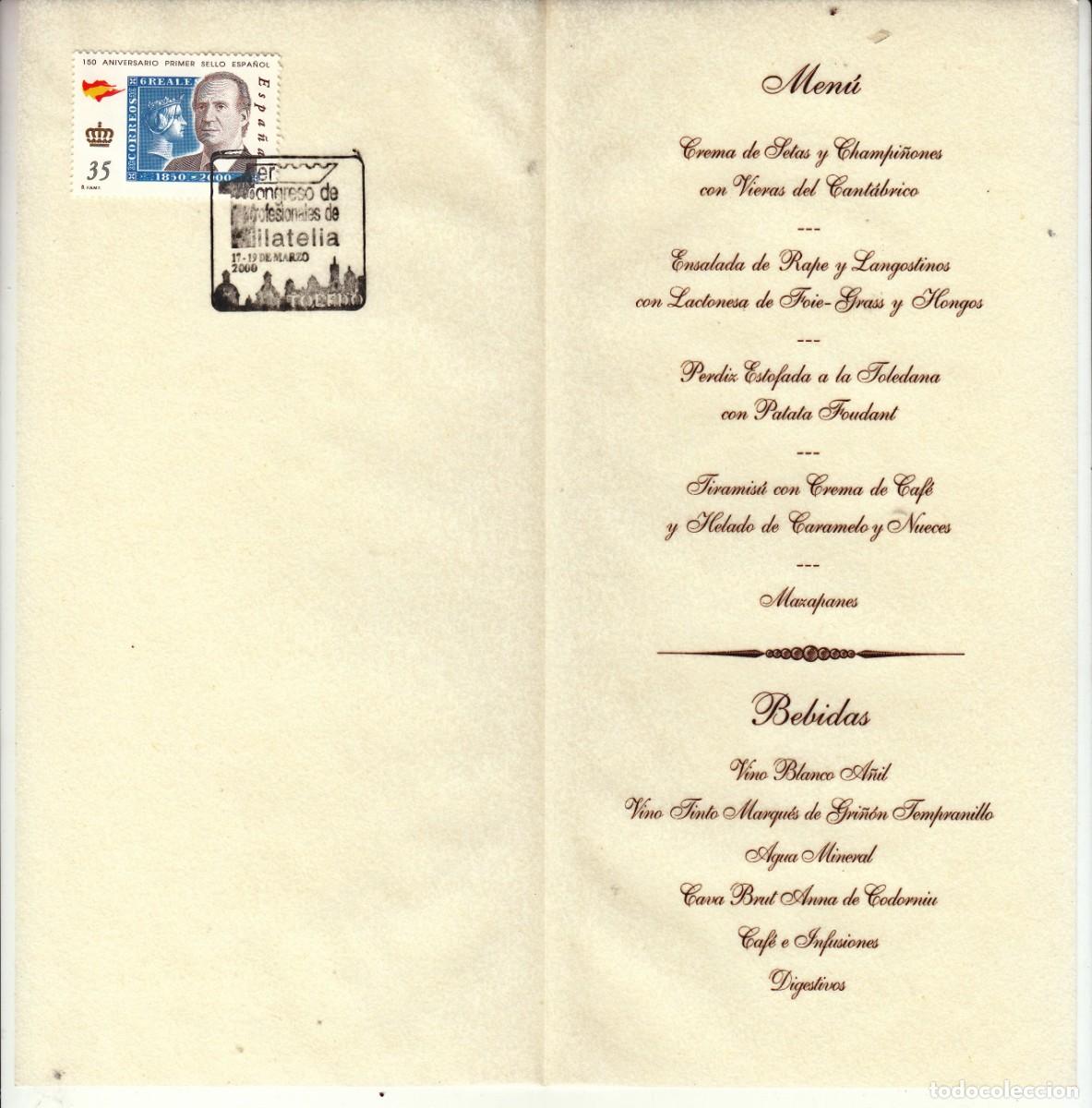 Sellos: 1er CONGRESO PROFESIONALES DE FILATELIA, TOLEDO 2000. MENU DEL CIGARRAL DE LAS MERCEDES MATASELLADO