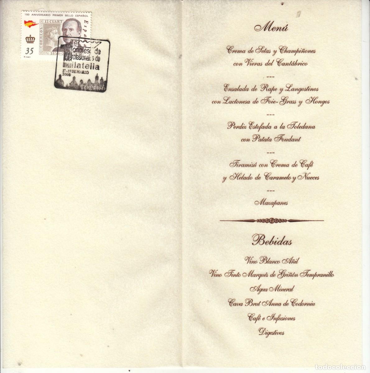 Sellos: 1er CONGRESO PROFESIONALES DE FILATELIA, TOLEDO 2000. MENU DEL CIGARRAL DE LAS MERCEDES MATASELLADO
