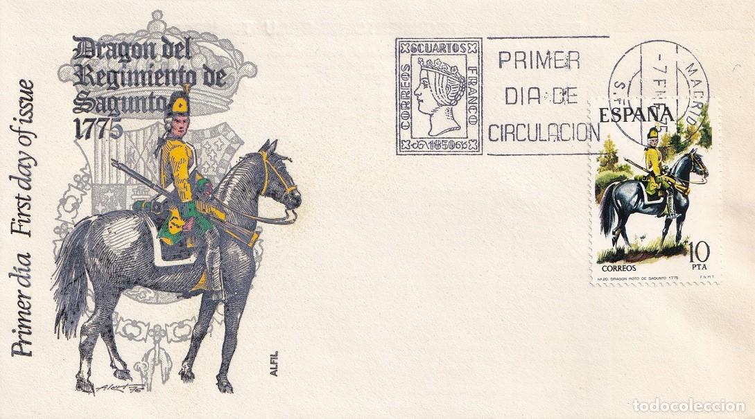 Sellos: SPD Alfil Madrid 1975 - Uniformes militares - Drag&oacute;n del Regimiento de Sagunto 1775 - Primer d&iacute;a