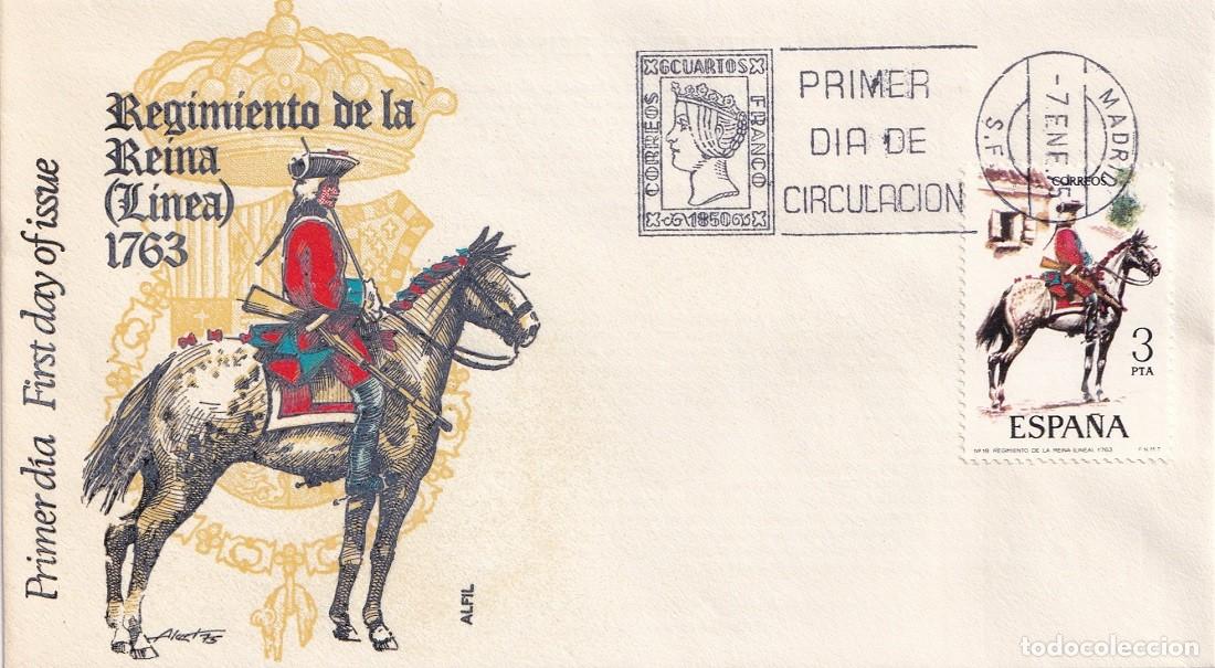 Sellos: SPD Alfil Madrid 1975 - Uniformes militares - Regimiento de la Reina (L&iacute;nea) 1763 - Primer d&iacute;a
