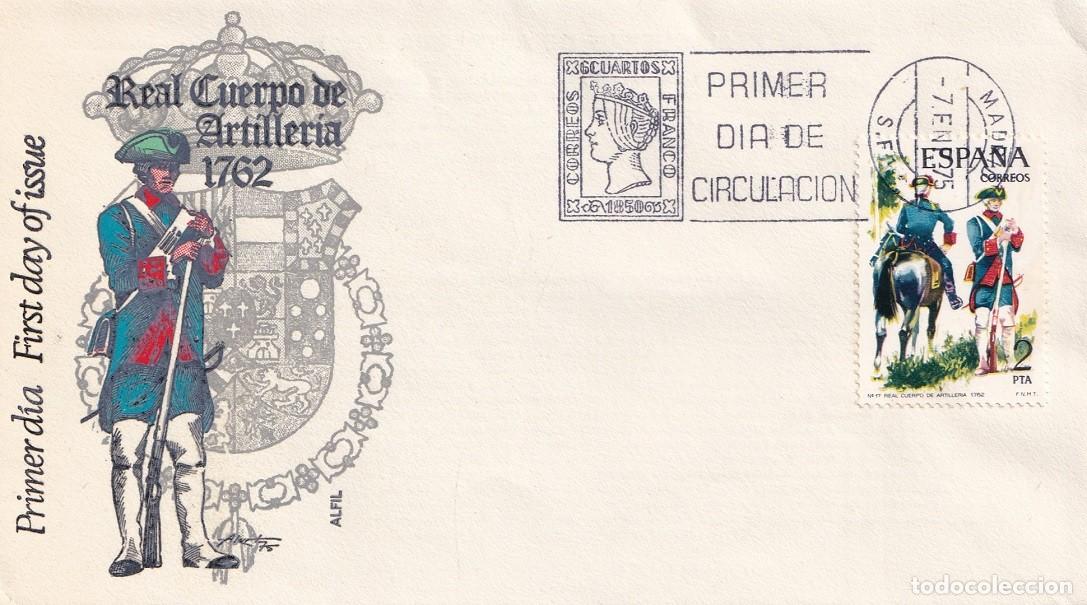 Sellos: SPD Alfil Madrid 1975 - Uniformes militares - Real Cuerpo de Artiller&iacute;a 1762 - Primer d&iacute;a
