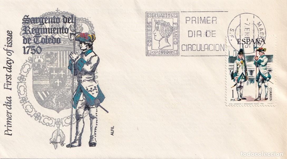 Sellos: SPD Alfil Madrid 1975 - Uniformes militares - Sargento del Regimiento de Toledo 1750 - Primer d&iacute;a