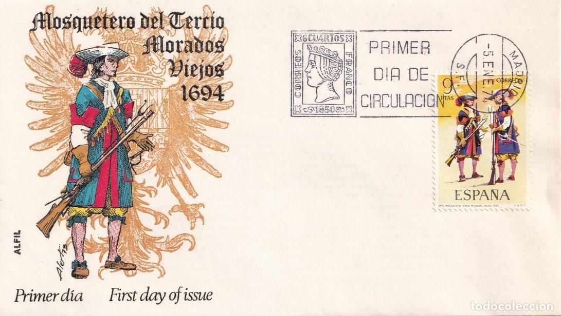 Sellos: SPD Alfil Madrid 1974 - Uniformes militares - Mosquetero del Tercio Morados Viejos 1694 - Primer d&iacute;a
