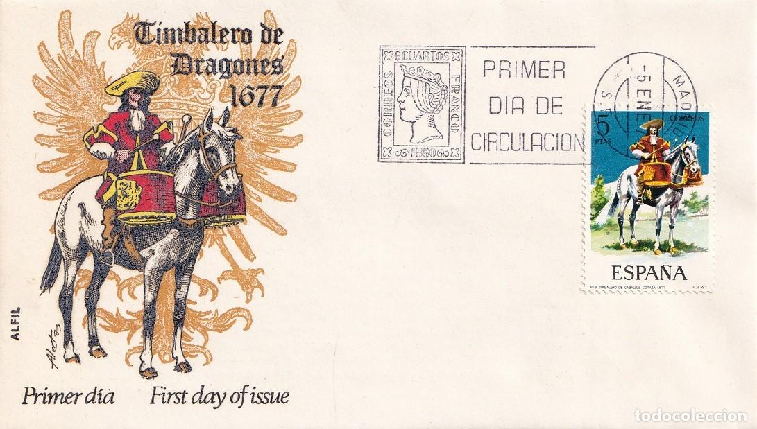 Sellos: SPD Alfil Madrid 1974 - Uniformes militares - Dragones ecuestres, timbalero 1674 - Primer d&iacute;a