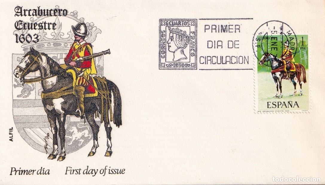 Sellos: SPD Alfil Madrid 1974 - Uniformes militares - Arcabucero ecuestre 1603 - Primer d&iacute;a
