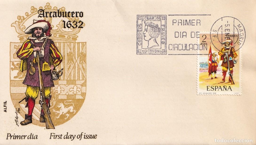 Sellos: SPD Alfil Madrid 1974 - Uniformes militares - Arcabucero de infanter&iacute;a 1632 - Primer d&iacute;a