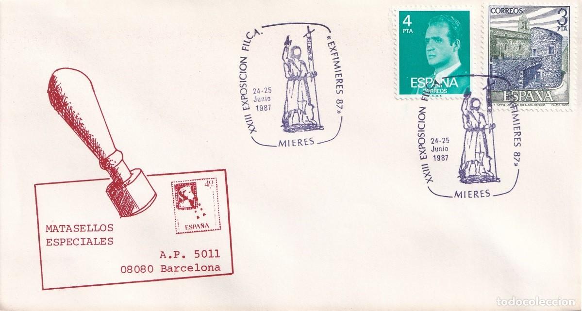 Sellos: Sobre Mieres 1987 - Exfimieres 87 - XXIII Exposici&oacute;n filat&eacute;lica - Matasellos especiales