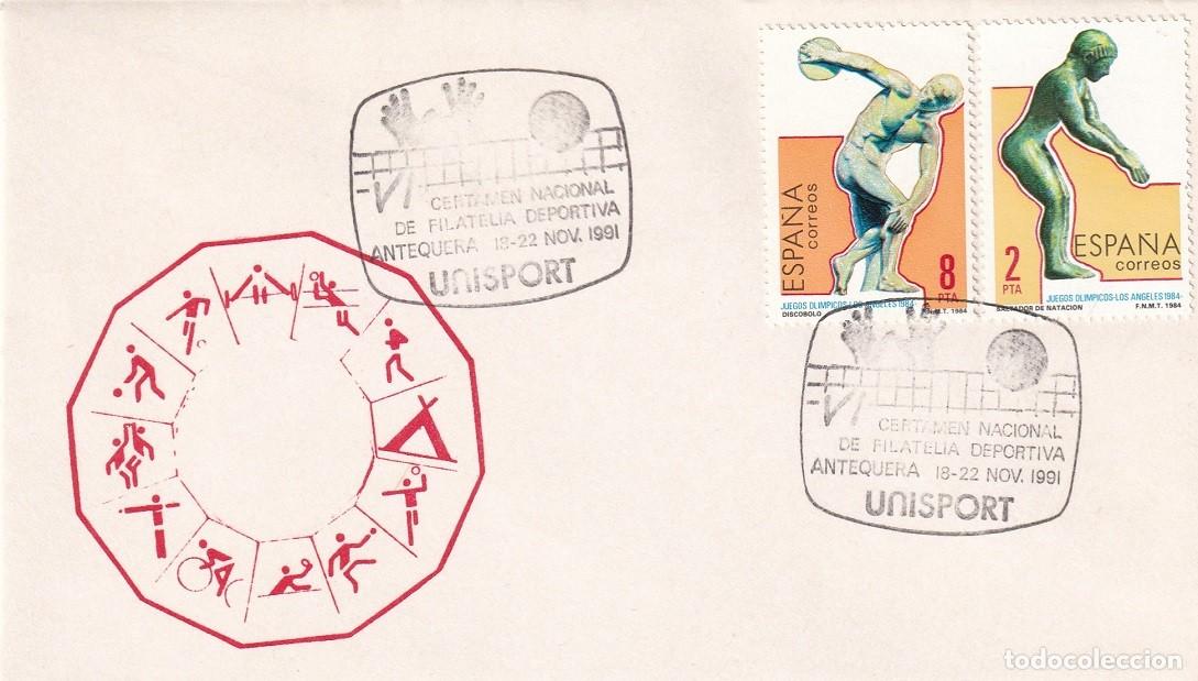 Sellos: Sobre Antequera 1991 - Unisport - Certamen Nacional de Filatelia deportiva - Matasellos especiales