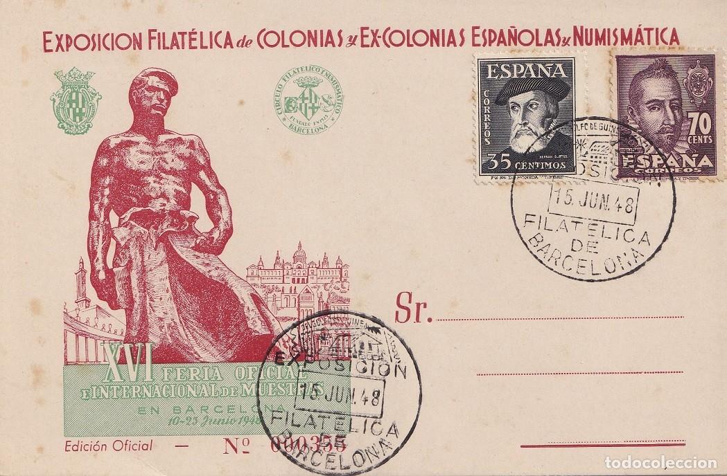 Sellos: Tarjeta Barcelona 1948 - XVI Feria Ofic e Inter. Muestras - Exp Filca colonias y excolonias espa&ntilde;ola