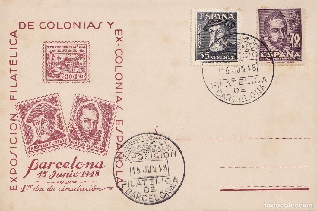 Sellos: Primer d&iacute;a circulaci&oacute;n Tarjeta Barcelona 1948 - Exposici&oacute;n filat&eacute;lica de colonias y ex-colonias esp.