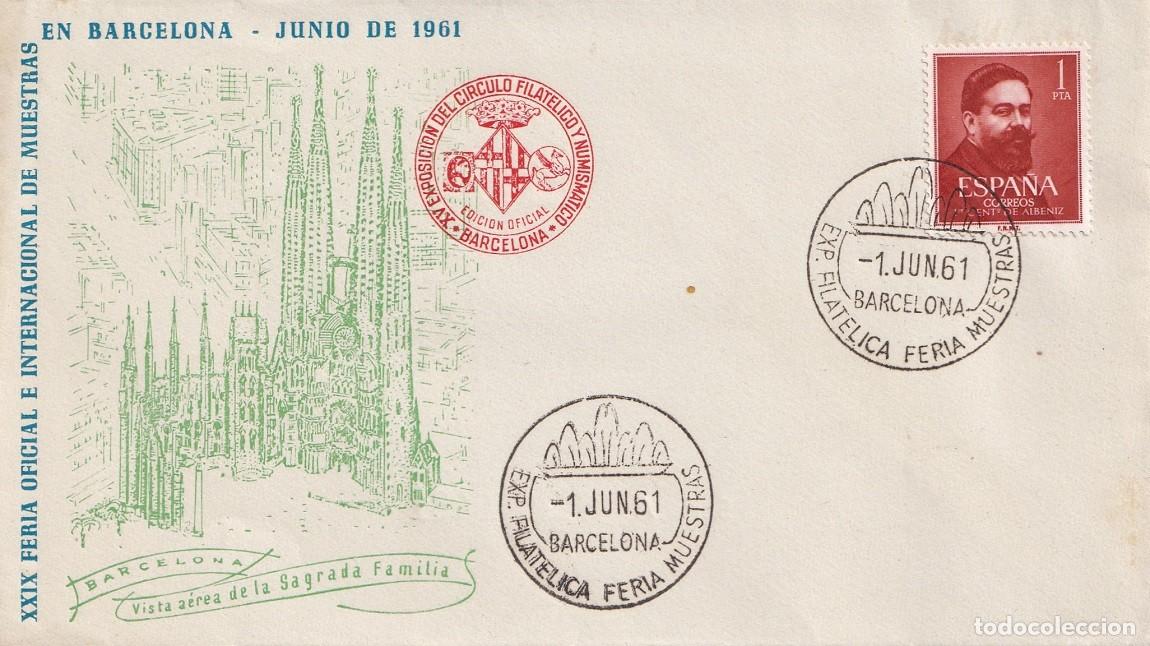 Sellos: Sobre Barcelona 1961 - Vista a&eacute;rea de la Sagrada Familia - XXIX Feria oficial muestras en Barcelona