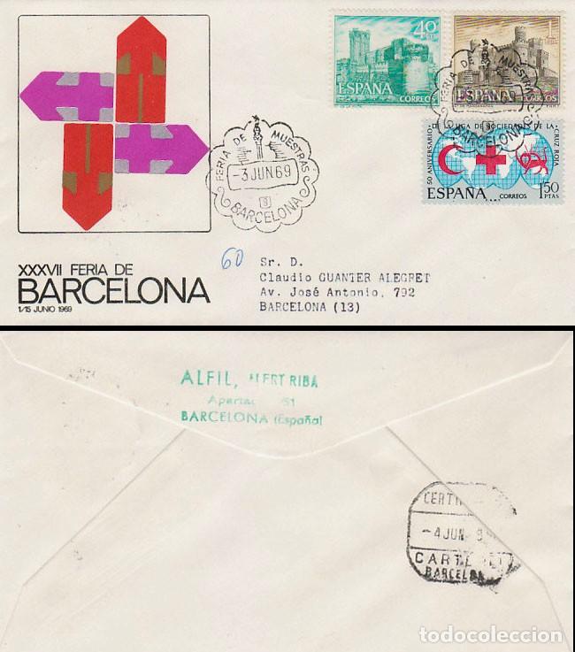 Sellos: A&Ntilde;O 1969, ESTATUA DE COLON, FERIA DE MUESTRAS DE BARCELONA, SOBRE OFICIAL CIRCULADO