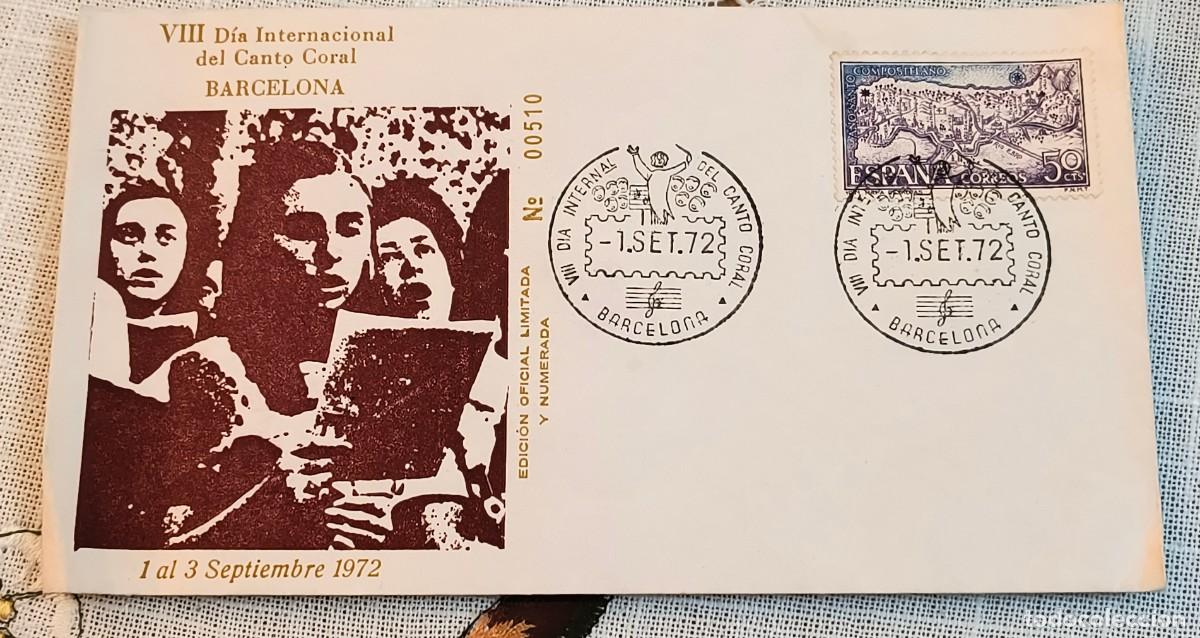 Sellos: SOBRE DE PRIMER D&Iacute;A | VIII D&Iacute;A INTERNACIONAL DEL CANTO CORAL, BARCELONA 1972
